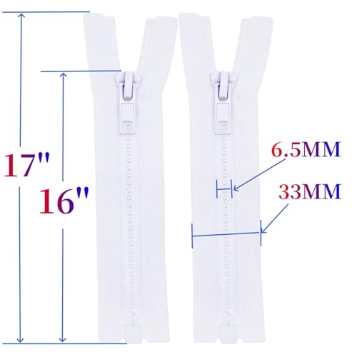 Image of MebuZip 2PCS #5 16 Inch Separating Jacket Zippers Resin Zipper Molded Plastic Zippers Bulk for Sewing Coat Jackets Clothes (White)