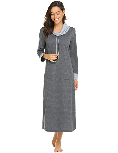 Ekouaer Long Nightgown Women Long Sleeve Loungewear Oversized Nightshirt Full Length Hooded Maxi Zipper Nightdress Grey