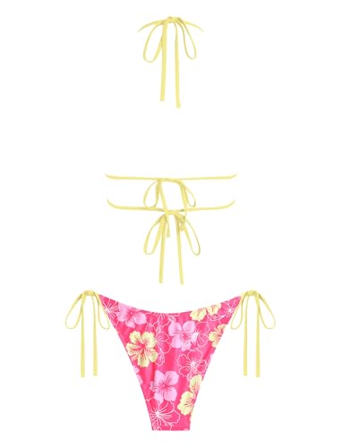Image of ZAFUL Halter Swimsuits for Women Textured Backless 2 Piece Bathing Suits Cheeky High Cut String Tie Side Bikini Sets