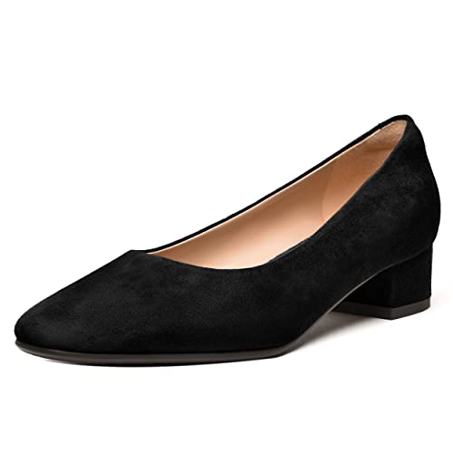 FEMSTEP Women's Low Heels Suede Leather Block Casual Square Toe Slip On Chunky Pumps Shoes 1.5 Inch