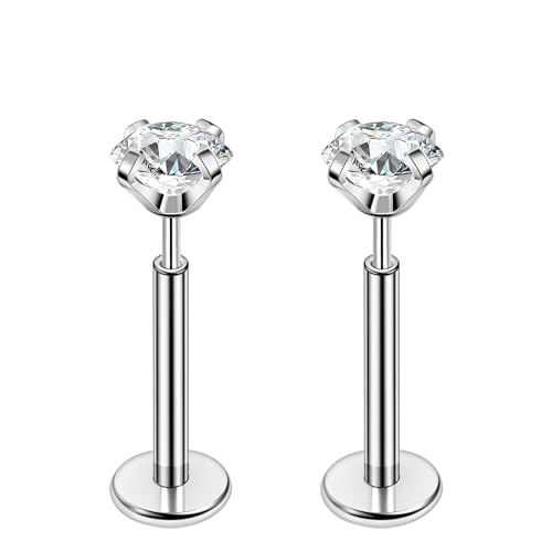 PunkTracker 16g/18g/20g Titanium Steel Threadless Flat Back Cartilage Earrings for Helix/Tragus/Conch/Daith/Earlobe - Nose Studs Lip Rings Labret Monroe Piercing Jewelry for Women Men 2PCS