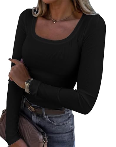 Damen Langarmshirt U-Ausschnitt Slim Fit Rippstrick Oberteil - Langarm...