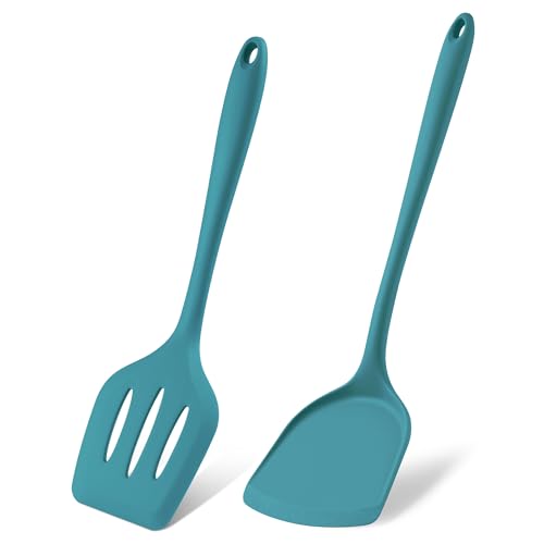 Herogo Silicone Spatula 2 Pieces Non-Stick Spatula Turner Set for Cooking Heat Resistant Silicone Slotted Turner Utensils for Cookware Pan Easy Clean Dishwasher Safe Blue