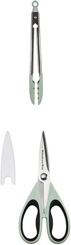 KitchenAid Gourmet - Pinzas de acero inoxidable con punta de silicona, 14.5 pulgadas, tijeras multiusos Pistachio and KitchenAid con funda