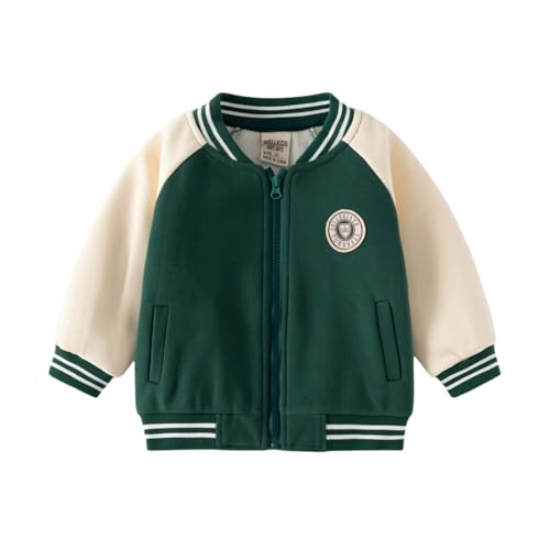 Image of Meufam Baby Boys And Girls Baseball Jacket Coat Round Neck Autumn Zipper Up Spliced Long Sleeve Fleece Hoodie (Green,6 Years)