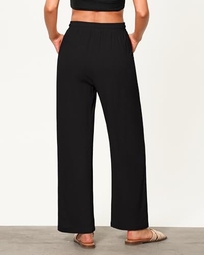 GRAPENT Linen Pants for Women Wide Leg High Waisted Baggy Drawstring Elastic Waist Palazzo Trousers Pants with Pockets2