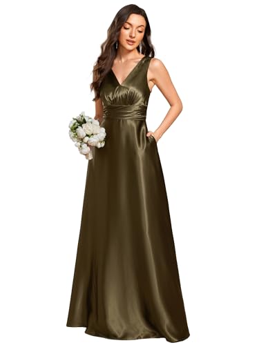 Image of Ever-Pretty Women's Summer Satin V Neck Formal Wedding Guest Dress Floor Length Empire Waist Bridesmaid Dresses with Pockets