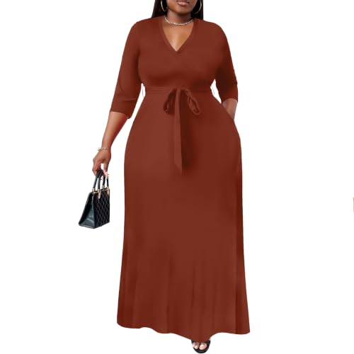 Image of Nmoder Plus Size Maxi Dress for Women - Summer Casual 3 /4 Sleeve Floral Flowy Long Dress with Belt XL- 6XL
