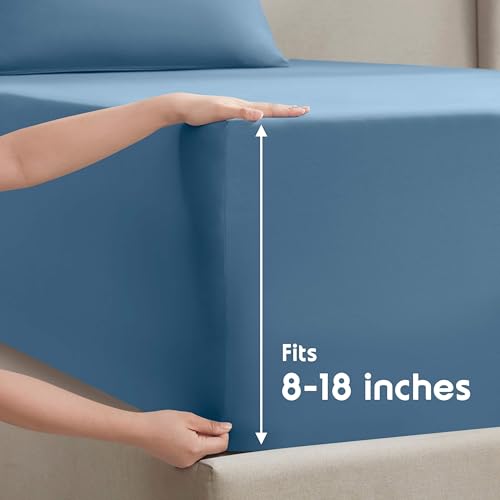 Image of Nestl King Bed Sheet Set - Blue Heaven - 4-Piece Deep Pocket | Instantly Soft, Night-One Ready (No Wash Required). Fits 16-Inch Deep Pockets, 360-Degree Elastic Grip