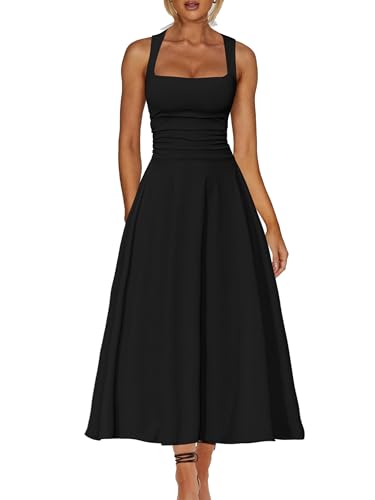 Kaximil Women's Square Neck Corset A Line Maxi Dress Ruffle Ruched Waist Flowy Long Dresses, X-Large, Black