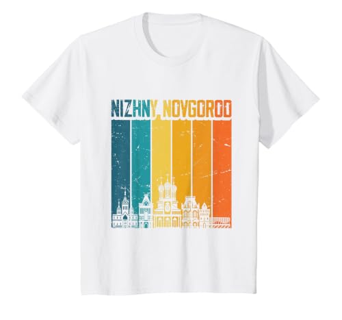 Nizhny Novgorod Russia Retro Vintage Sunset Skyline T-Shirt, Youth, White, X-Small