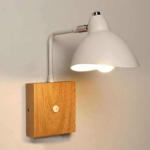 Lámpara de pared moderna Lámpara de pared Pantalla de metal blanco Base de madera Aplique de pared con interruptor de encendido/apagado Iluminación de lectura Aplique de pared,Lámpara de araña