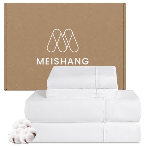 MEISHANG 600 Thread Count Cotton Sheets Queen Size, 100 Percent Long Staple Cotton, Sateen Weave Pure Sheets, Cooling Breathable Soft Deep Pocket Up to 16 in Inch - 4 Piece Set (Queen, White)