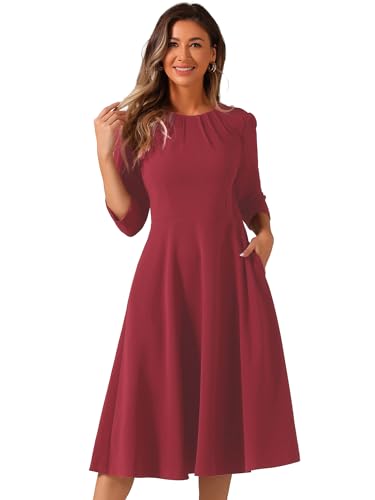 Image of Allegra K Elegant Work Dress for Women's 3 /4 Sleeve Round Neck Pockets Vintage A-Line Swing Midi Dress