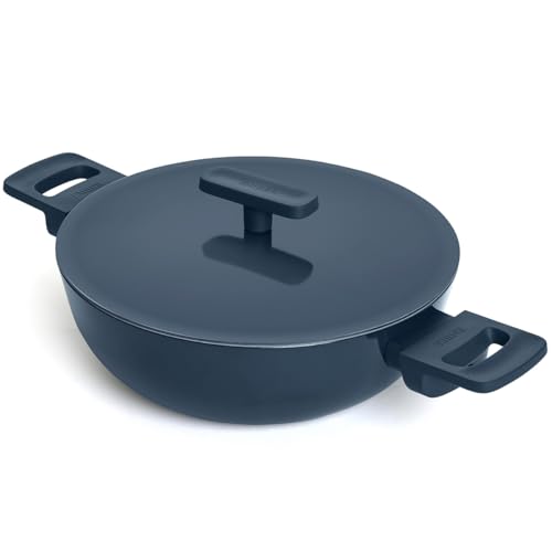 Image of Ember Cookware Arcilla Ceramic Kadai 24 cm, 2.6L with Metallic Lid | 75% Less Oil Usage | Lightweight, Non-Toxic Non-Stick Ceramic kadai | PFAS & PFOA Free | Matching Handle-Gas Compatible | Blue