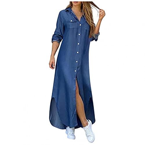 Womens Denim Shirt Dresses Fashion Summer Sexy V Neck 34 Sleeve Loose Ruffle Long Maxi Pleated Dress Cowboy Sundress, Small