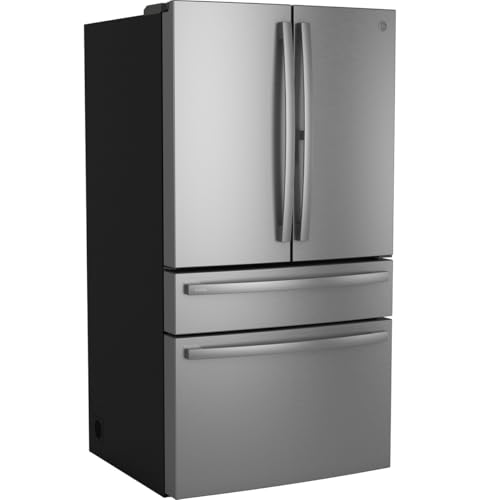 Image of GE Profile PJE23BYWFS 23.1 Cu.Ft Counter-Depth French Door Refrigerator - Stainless Steel, Internal Water Dispenser, TwinChill Cooling, LED Lighting, Adjustable Shelves