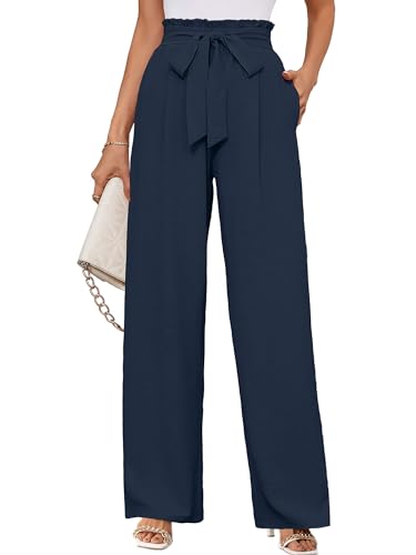 KORSIS Womens Palazzo Pants for Women Casual Lounge Business High Waist Adjustable Tie Knot with Pokects Dark Blue L