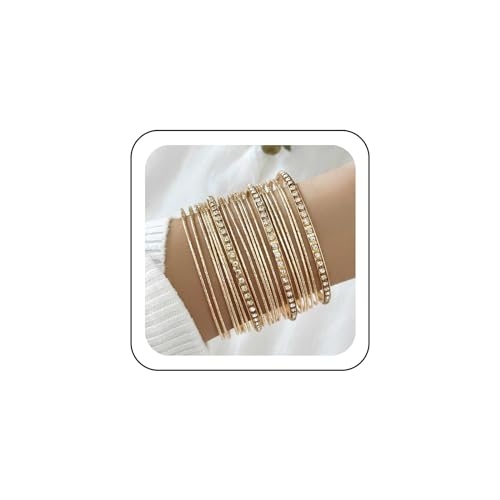 Gold Bangle Bracelet Set Thin Circle Bangle Collection Indian Bollywood Diamond Bangles Metal Texture Rhinestone Tennis Bracelet Wedding Outfit Jewelry for Women (22 Pcs)