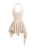 WDIRARA Women's Punk Halter Mini Dress Western Asymmetrical Ruffle Sleeveless Drawstring Ruched A Line Dresses Apricot Small