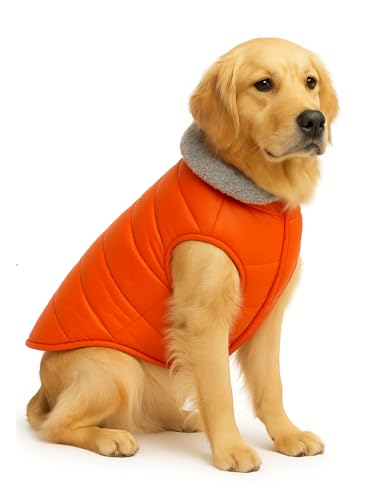 Image of The Pets Company Dog Winter Coat Jacket, Clothes, Windproof, Waterproof, Light Weight, Washable, Ultra Warm Thick Fleece Lined Dog Vest for Cold Weather Protection, (Orange, Large - 26 Inch)