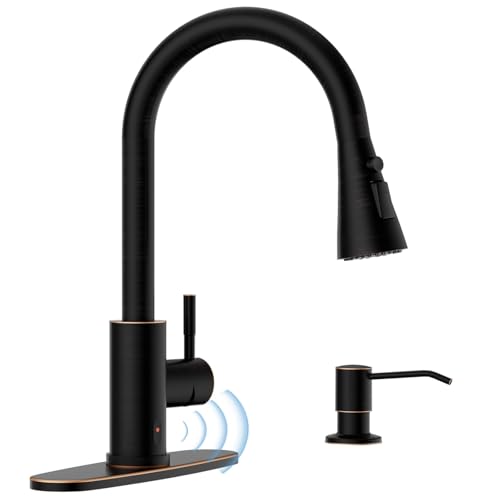 APPASO Touchless Kitchen Faucet, Oil Rubbed Bronze Sink Faucets with Soap Dispenser and Pull Down Sprayer 3 Modes, Activated Motion Sensor Hands Free with Deck Plate, High Arch