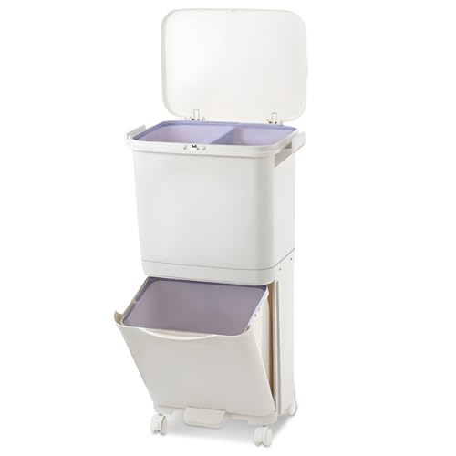 Warmiehomy Mülleimer Küche 2 Fächer, 38L Recycling Große Abfalleimer aus Kunststoff Mülltrennsystem, Tretmülleimer mit Deckel auf Rädern für Küche Wohnung Büro