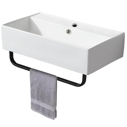 Hewllertng Modern Rectangular Wall Mounted Vessel Sink with Towel Rack, White Ceramic Above Counter Bathroom Vanity Sink 21.8x12.4 Inch Porcelain Art Basin For Rvs, Restroom, Toilet