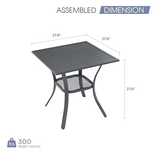 Image of VICLLAX Small Patio Dining Table, 28 inchx 28 inch Square Metal Slatted Table with Storage Shelf for Front Porch Deck Lawn Garden, No Umbrella Hole, Dark Grey Tabletop