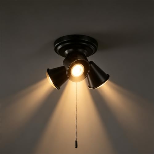 Image of 3‑Head Adjustable Ceiling Spot Light with Pull Chain, Matte Black Semi‑Flush Mount Ceiling Light Fixture, Multi‑Directional Rotatable Spotlight E26 for Hallway Kitchen Bedroom