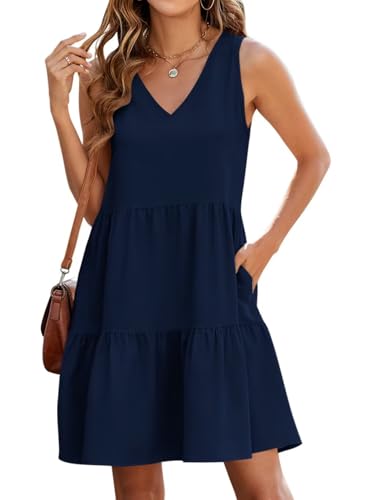 Image of QACOHU Women's Summer Sleeveless V Neck Mini Dress with Pockets Casual Sundress Beach Dresses for Women 2026