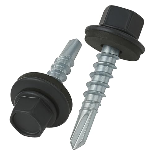 4.8 mm x 35 mm Roofing Screws, Hex Head Self-drilling Color (RAL 7024 Graphite Grey) Roof Screws With EPDM Sealed Washer, Rust Proof Zinc Plated Hardened Coarse Threads Screw for Outdoor Use (50 pcs)