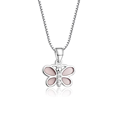 Cherished Moments Children's Sterling Silver Pink Butterfly with Sparkling CZs Necklace for Little Girls, Kids, and Toddlers, 14