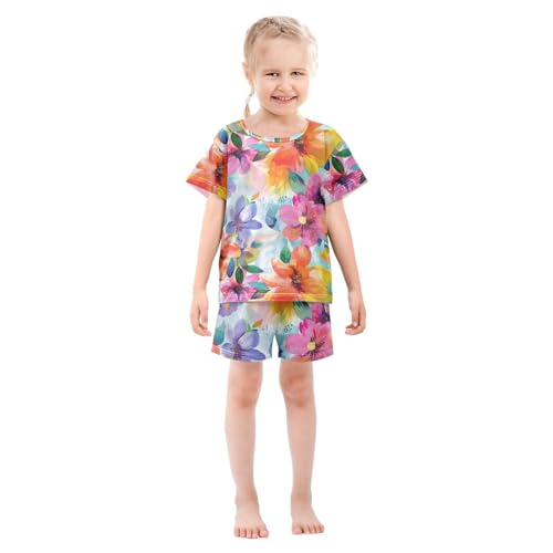 ALAZA Watercolor Blossom Floral Leaf Pajamas Short Sleeve 2 Piece Sleepwear Top and Bottom Pajama Set Unisex3