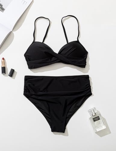 Tainehs Women's Push Up Two Piece Bikini Sets Twist Front Spaghetti Straps V Neck Swimsuit Ruched Mid Waist Bathing Suit4