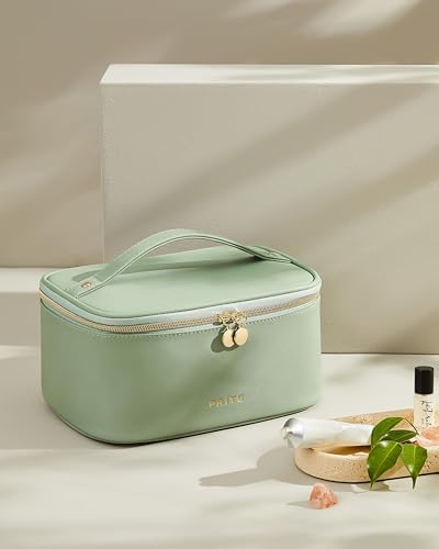 Prite Large Makeup Bag for Women Travel Cosmetic Case Waterproof Leather Toiletry Bag Portable Make Up Organiser Pouch with Handle and Removable Divider (Green) - Image 2