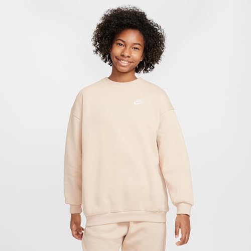 Nike Sportswear Club Fleece Big Kids' (Girls') Oversized Sweatshirt (FD2923-126, Sanddrift/White)2