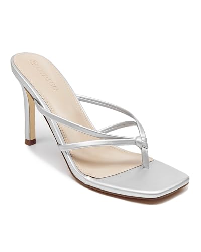 Coutgo Womens Heeled Sandals Strappy Square Toe Flip Flops Fashion Thong Slip on Stiletto Sandals, Silver, Size 8