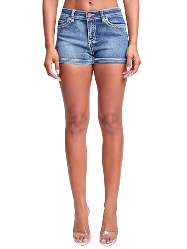 YMI Jeans Women's Mid Rise Heavy Stitch Floral Embroidered Shorts, Midnight Sky Blue, 11