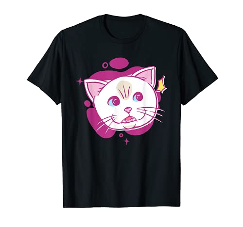 White Cat Cartoon Face Pet Cute Whiskers T-Shirt, Black
