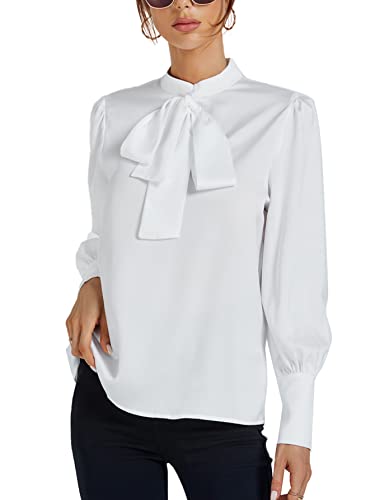 Lyaner Women's Elegant Bow Tie Mock Neck Bow Knot Long Sleeve Work Office Blouse Shirt Top White Small #TOP3