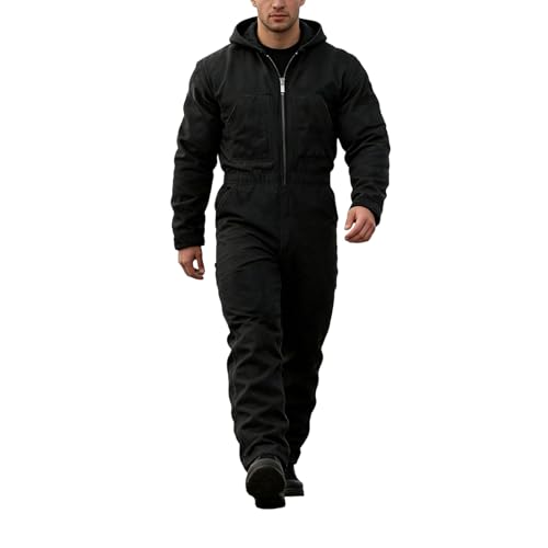 Men's Black Hooded Work Coveralls - Heavy-Duty Protective Outfit for Construction