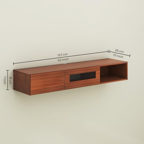 Image of Anikaa Strix Wall Mount Modern Floating TV Unit for Living Room with 3 Storage Cabinet & Blue LED Light (Ideal for 32 to 65 inch TV, DIY Installation, Walnut Finish)