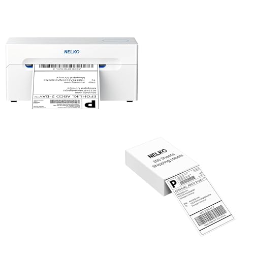Nelko Bluetooth Thermal Shipping Label Printer (White), Whith Genuine 4x6 Direct Thermal Shipping Label (Pack of 220 Fan-Fold Labels)
