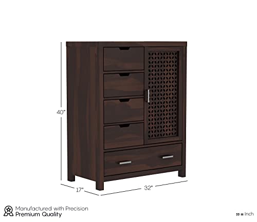 Image of Solid Sheesham Wood 5-Drawer Wooden Chest of Drawers with 2-Shelf Storage - Elegant and Spacious Dresser for Your Home (Walnut Finish)
