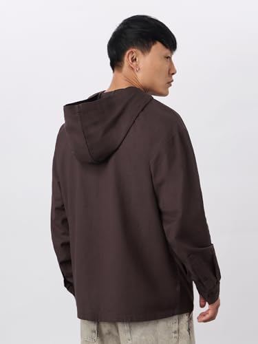 Image of The Souled Store Utility Hoodie: Cocoa Men and Boys Full Sleeves Hooded Neck Cocoa Brown Solid Cotton Linen Oversized Fit Breathable Fabric Zipper Hoodie
