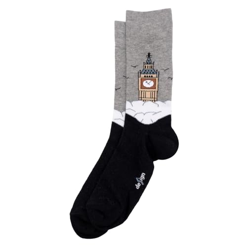 Image of JOE COOL Mens Cotton Polyester Socks, Big Ben Architecture Design, Grey and Black Novelty Stretchy Gift Socks