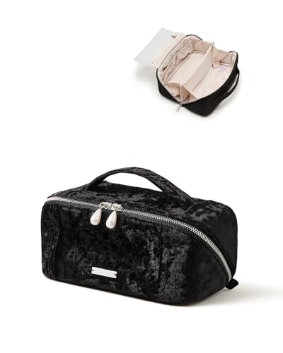 Image of EACHY Travel Makeup Bag, Large Capacity Cosmetic Bag for Women, Waterproof PU Leather, Flat Open Portable Toiletry Bag for Skincare, Brushes & Travel Essentials