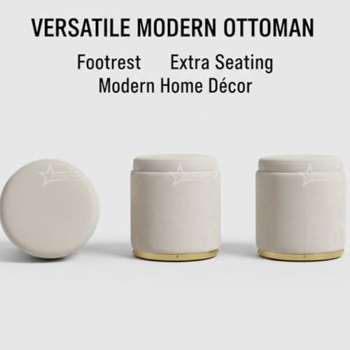 Image of Velvet Round Single Strip Ottoman Office Stool Foot Rest Stool Velvet Fabric Padded Seat Pouf Ottoman16 X 16X 19 inch, in Round Shape for Living Room Cream