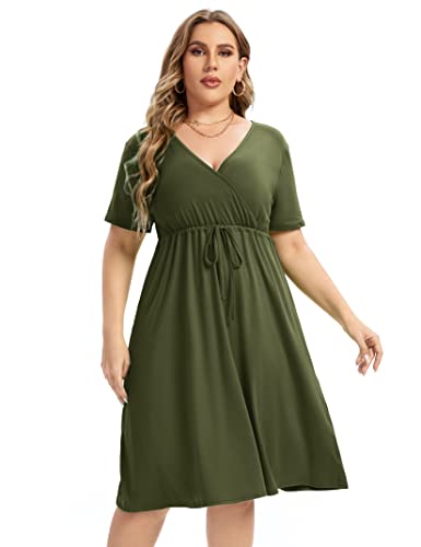 Image of Plus Size Dress Women's V Neck A-Line Knee Length Wrap Mini Dress with Belt Plus Size Dresses for Curvy Womenolive-cs 5X-Large